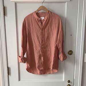 Men's Orange Salmon Linen Button-Down Shirt with Band Collar